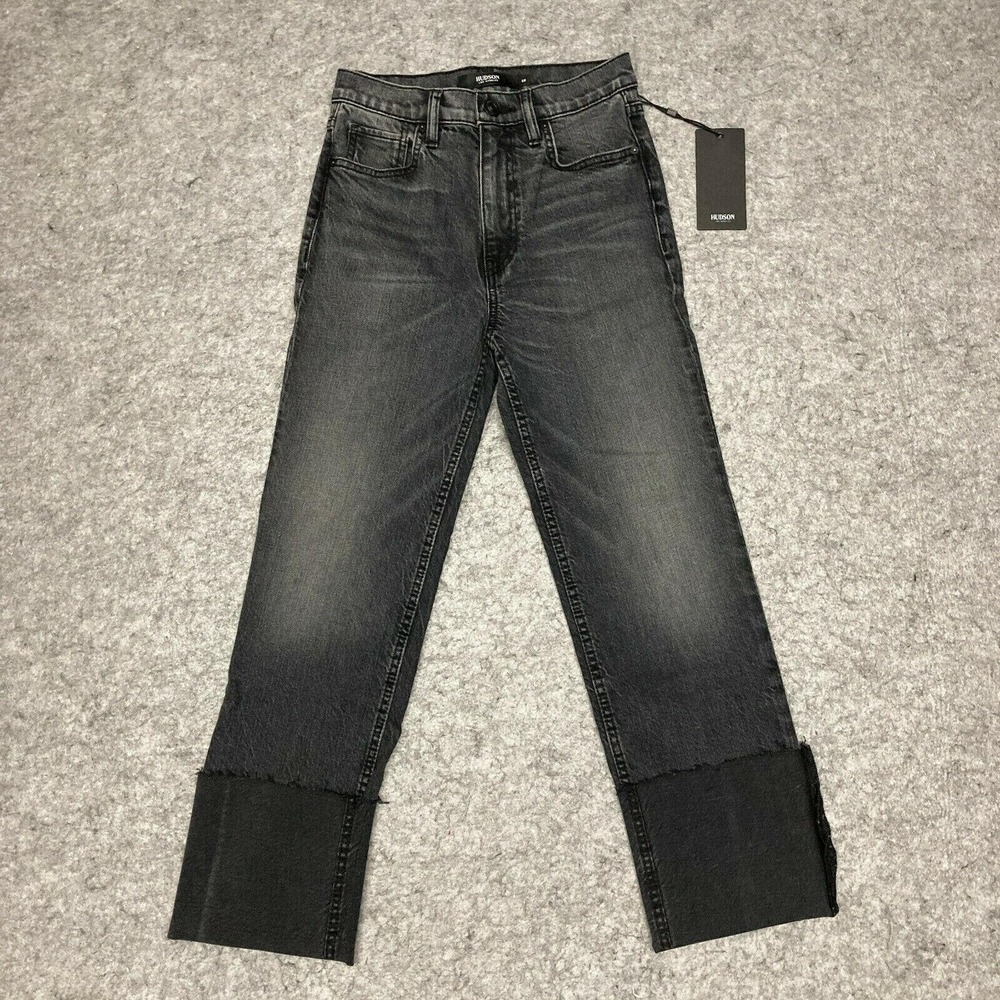 Hudson Jeans Womens 25 Black Lightening Remi High Rise Straight Deep Cuff Hem